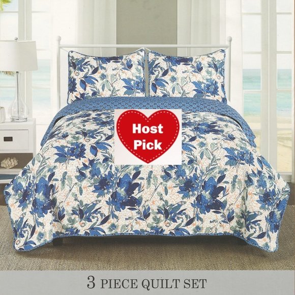 Botanical Print Quilted Bedspread Set - Full/Queen & King Size - 3-PC Set - Picture 1 of 2